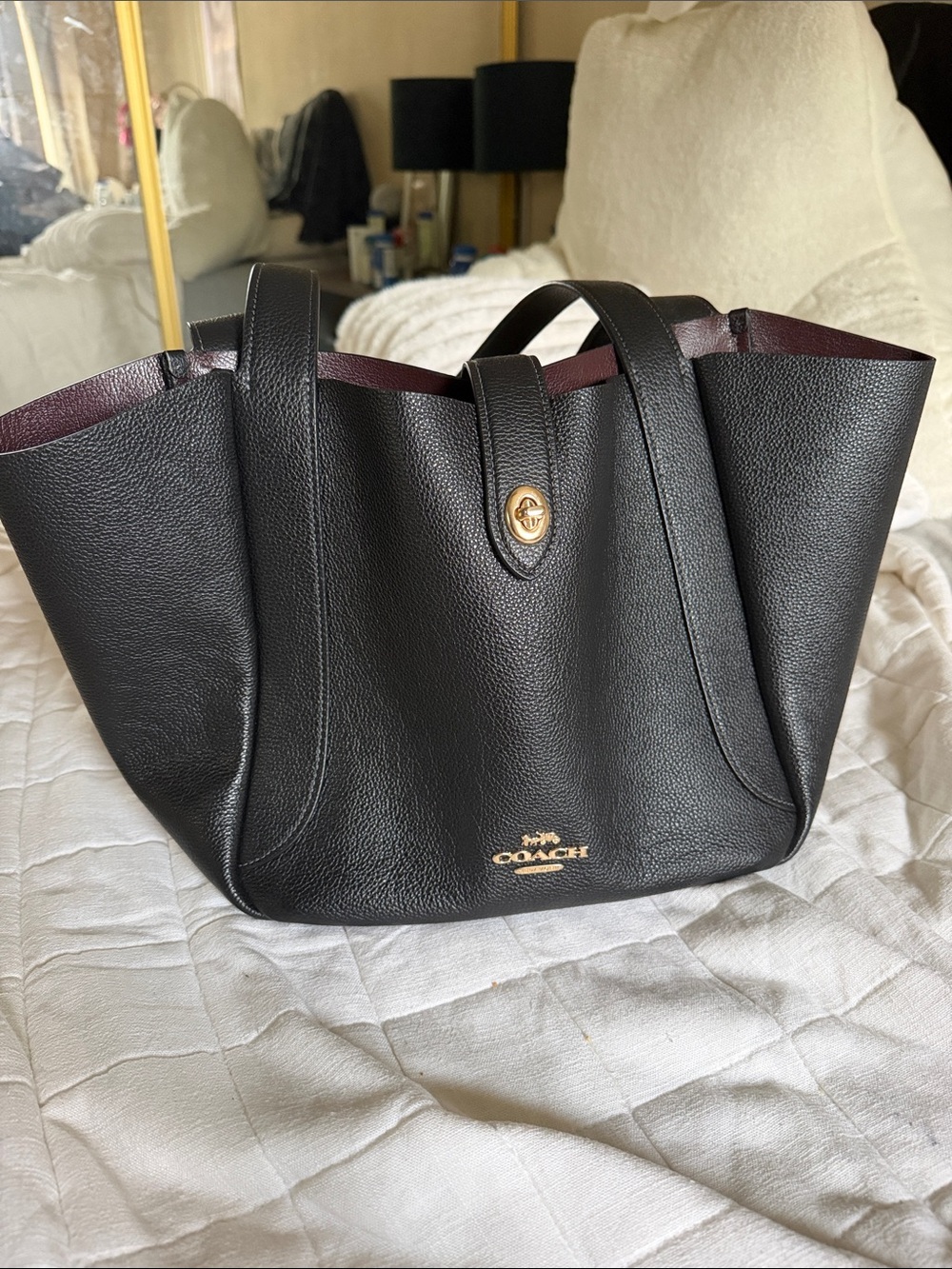 Coach Black Pebbled Leather Tote with Burgundy Trim